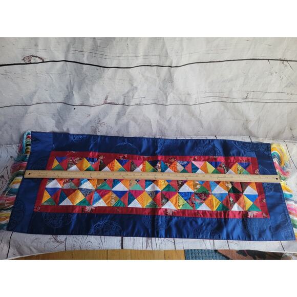 Silk Multi Color Triangle Quilted Table Runner With Fringe Possibly Handmade 36" - Picture 9 of 13